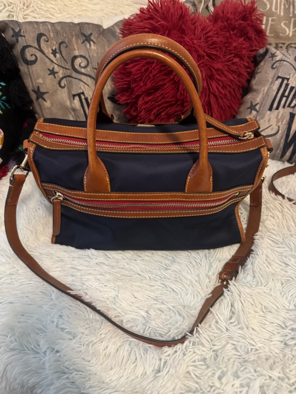 Dooney & Bourke Navy and Brown Leather Satchel with Shoulder Strap - Picture 2 of 10